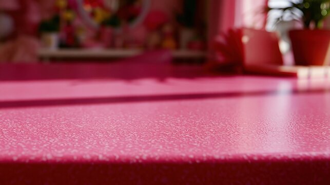 Pink laminate desk surface with a smooth glossy finish and copy space, set in a bright creator workspace for a product mockup or template