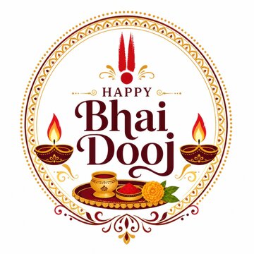 Happy bhai dooj festival greeting design with oil lamps and flowers