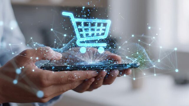 A person uses a smartphone for online shopping, featuring a glowing digital shopping cart and network connections.