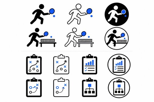 Set of table tennis player and business clipboard pixel art icons