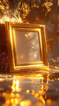 A luxurious, ornate gold picture frame rests on a reflective golden surface, adorned with shimmering bokeh lights.