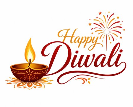 Happy diwali greeting text with traditional lit diya oil lamp design