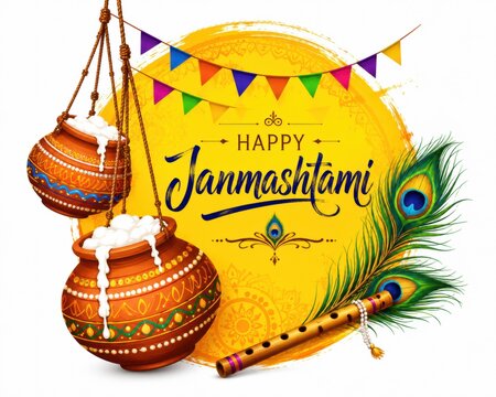 Happy janmashtami greeting card with clay pots and peacock feather
