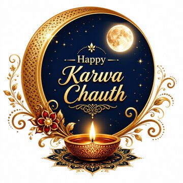 Happy karwa chauth greeting card design with golden moon and diya lamp