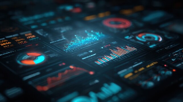 Digital financial dashboard displays real-time data charts and statistical metrics in a dark futuristic style for business analysis.