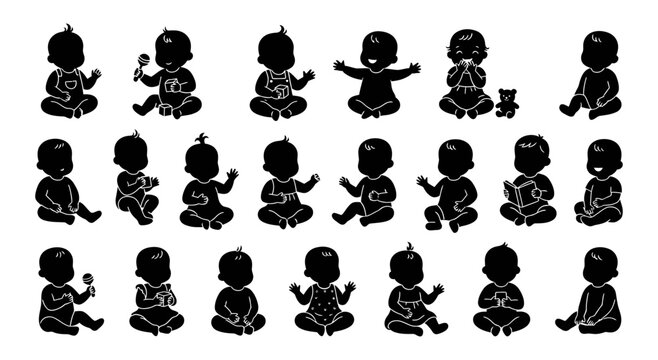 Collection of Diverse Silhouettes of Infants and Toddlers Engaged in Various Playful Activities Demonstrating Childhood Development Stages and Playtime Moments Representing Innocence and Growth