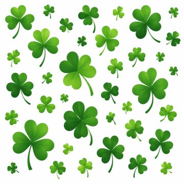 Many green shamrock leaves pattern isolated on a white background