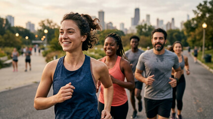 Obraz premium Diverse group of friends enjoying a city park run at sunset