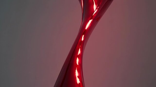 Abstract red sculpture twisting elegantly, showcasing smooth curves and reflective surfaces against a soft gradient background in a contemporary art setting