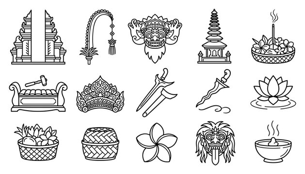  Bali Culture Icon Set Featuring Candi Bentar Gate, Barong Mask, Pura Temple, Kris Dagger, Gamelan Instrument, Lotus Flower, and Traditional Offerings