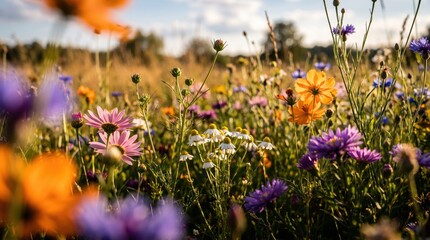 Obraz premium Vibrant wildflower meadow filled with colorful blooming flowers bathing in warm golden sunset light.