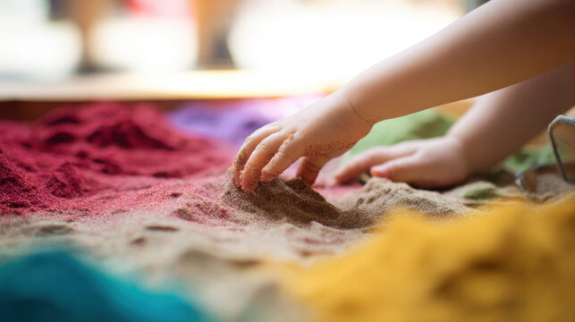 Child plays with colored sand on a sunny day in a hands-on activity space