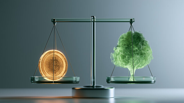 Modern Glass Balancing Scale Weighing a Digital Gold Coin and a Green Tree for ESG Concept