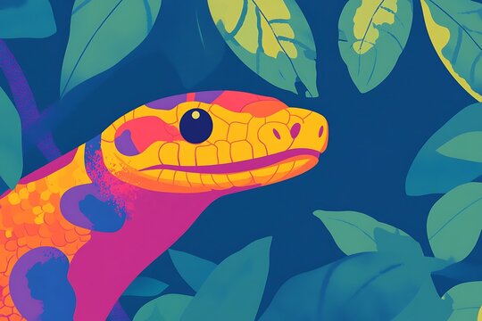 A vibrant snake slithering gracefully among lush green foliage and colorful leaves