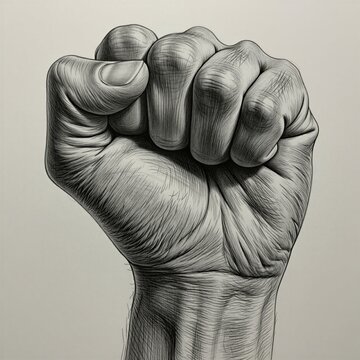 Grayscale pencil drawing of human clenched fist raised high. Detailed sketch shows strong hand gesture for protest power. Monochrome ink illustration symbol of resistance justice unity, strength.