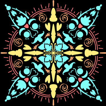 Pola mandala simetris, harmonis, berulang, dengan ornamen geometris yang indah.