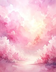 Fototapeta premium A dreamlike watercolor landscape with soft pink clouds and ethereal trees.