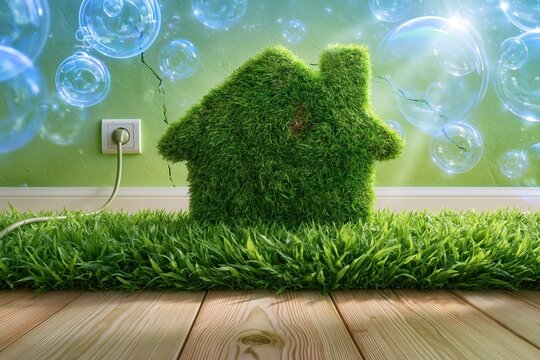 House silhouette made of living green turf against a plaster wall with a power socket, featuring fresh textures and bubbles for renewable energy campaigns