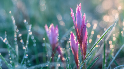 Obraz premium Close up of pink flowers covered in dew on a green field during morning light