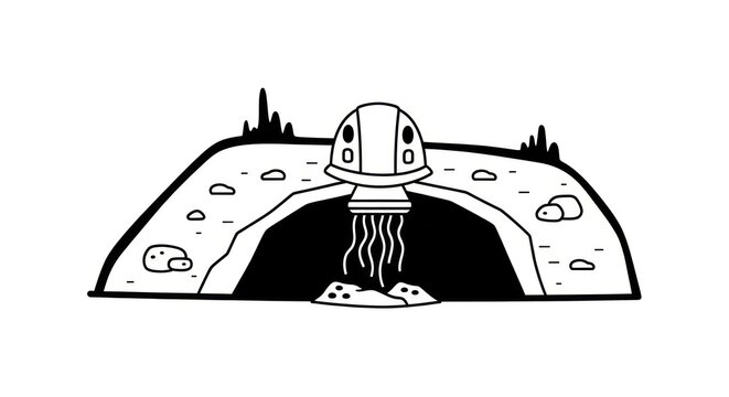 black and white illustration of alien spaceship emerging from ground.