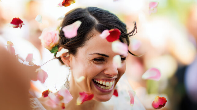 Smiling woman surrounded by flower petals during a wedding celebration in a sunny outdoor location