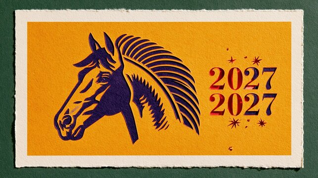 Paper-cut horse head with a violet mane on a vivid yellow background, featuring textured card layers and 2027 numerals for a lunar new year banner