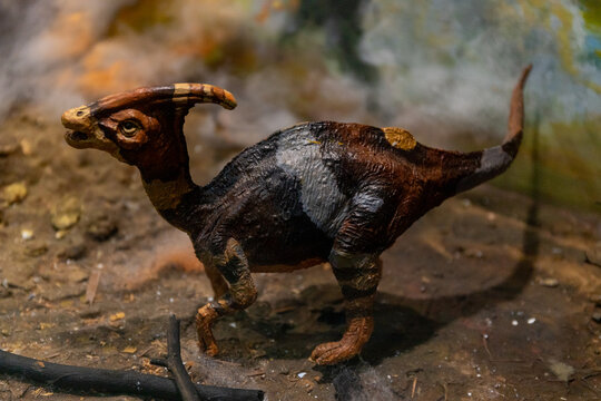 Museum diorama featuring a Parasaurolophus dinosaur model walking through a prehistoric setting.
