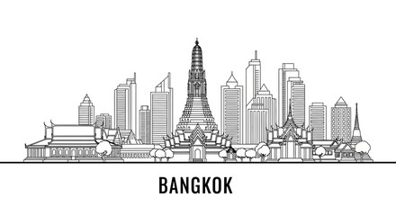 Naklejka premium Bangkok Skyline Silhouette Vector Art - Wat Arun and Modern Buildings