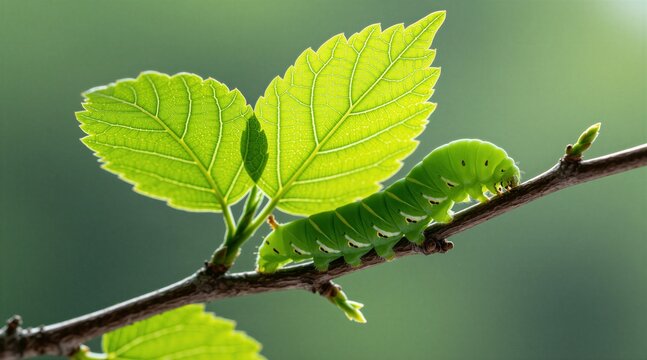 Bright green crawls along thin wooden twig near fresh rich leaves. Macro view of small insect moving on tree branch in spring forest garden. Wildlife nature life cycle growth process concept showing