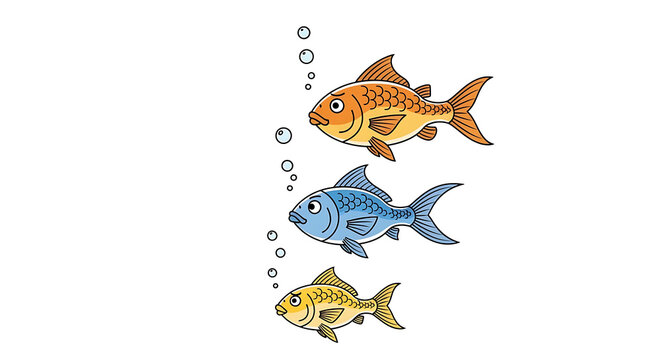 Colorful cartoon fish swimming in water bubbles