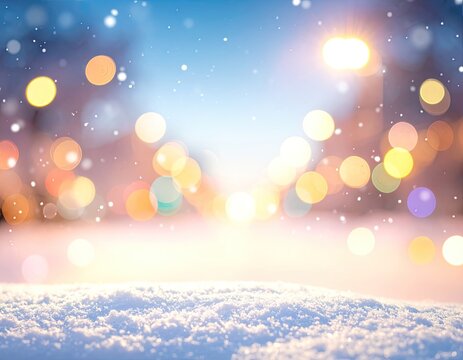 A soft focus winter scene with bokeh lights and falling snow.
