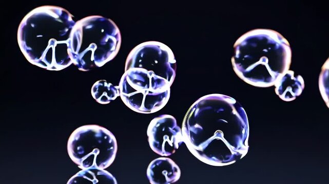 Colorful soap bubbles floating gracefully in the air, showcasing a dynamic progression of movement against a dark background with reflections on a smooth surface