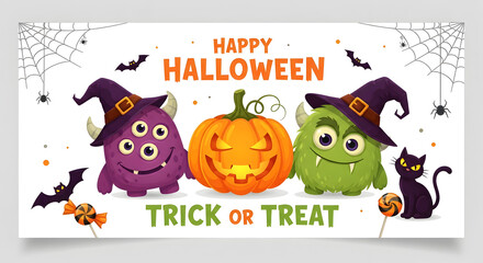Fototapeta premium Happy halloween banner with cute monsters pumpkin black cat and sweets, friendly