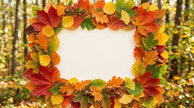 Autumn leaves forming a square frame in a forest setting.