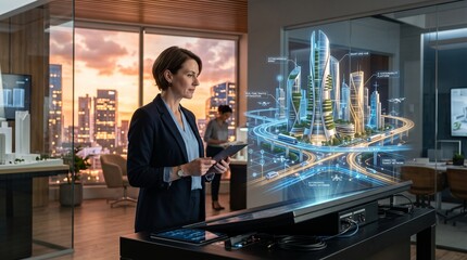 Fototapeta premium Female architect or urban planner interacting with a futuristic hologram model of a smart city in a modern office at sunset