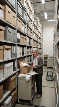 Senior woman archivist reviewing files alone in a records storage room