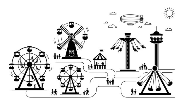 Amusement park amusement rides vector illustration set featuring ferris wheel carousel swing tower and family visitors