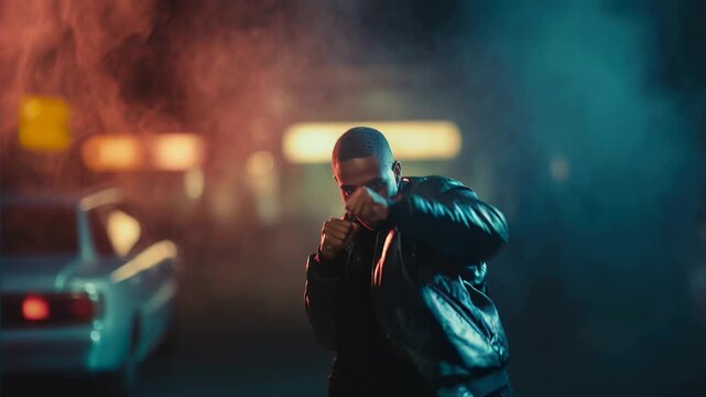 Confident young man in black leather jacket posing with fists raised on a neon-lit city street at night, vibrant blurred lights and retro cars in the background, evoking a cinematic 1980s nightlife