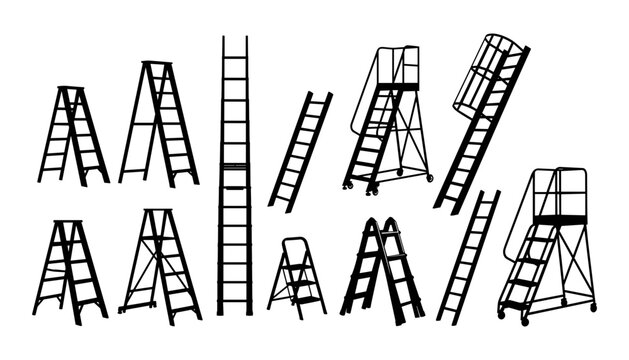 Ladder silhouette vector icon bundle set featuring various step stools extension ladders and industrial platform stairs