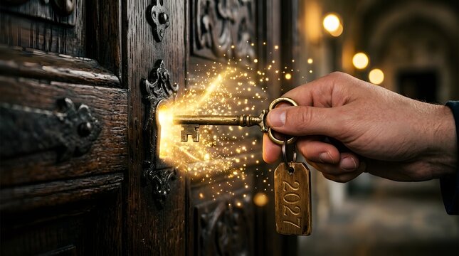 A hand inserting a glowing magical key into an old wooden door lock with sparks flying everywhere