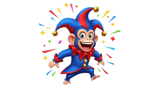 Jester clown character celebrating with confetti