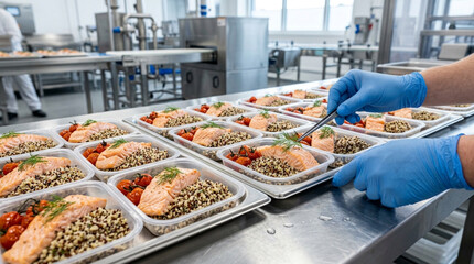 Obraz premium Food Production: Chef prepares healthy salmon meals in sterile factory kitchen.