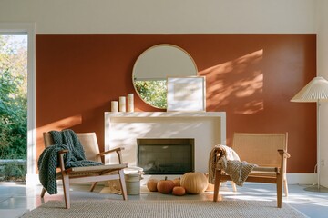 Fototapeta premium Terracotta orange wall in a cozy autumn living room with woven armchairs and a fireplace for home staging and interior design retail