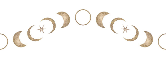 Gold moon phases celestial wavy seamless border. Hand drawn watercolor golden lunar cycle with crescent and star. Concept graphic for astrology design. Vintage repeat border with washi tape style. © NadyaSaen 