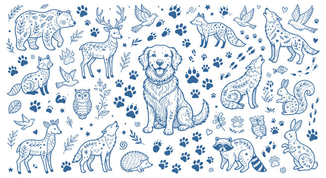 Hand drawn doodle set featuring various woodland creatures like bears deer foxes wolves and birds alongside paw prints creating a playful wildlife theme perfect for crafting and children decor