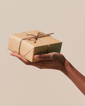 Yellow kraft cake box held by a flour-dusted hand, featuring a soft matte finish and twine tie for bakery branding and mockup use