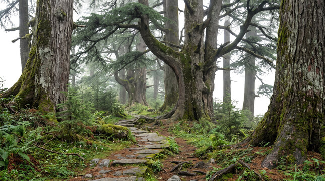 Mystical cedar forest path with stone steps. Ancient trees in foggy woodland. Enchanted mossy forest trail for nature travel backgrounds.
