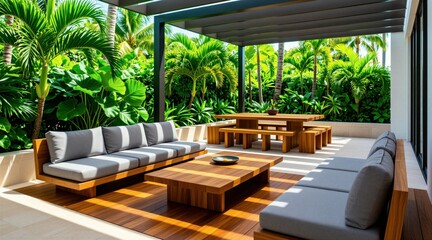 Obraz na płótnie Canvas Modern outdoor lounge with wooden sofa and dining set. Lush tropical plants surround patio area. Sunny day on luxurious resort terrace, serene relaxation space.