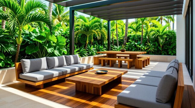Modern outdoor lounge with wooden sofa and dining set. Lush tropical plants surround patio area. Sunny day on luxurious resort terrace, serene relaxation space.