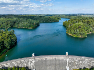 Fototapeta premium Aerial view of the Neye Reservoir, city of Wipperfürth, village of Neye, Oberbergischer Kreis, North Rhine-Westphalia, Germany.